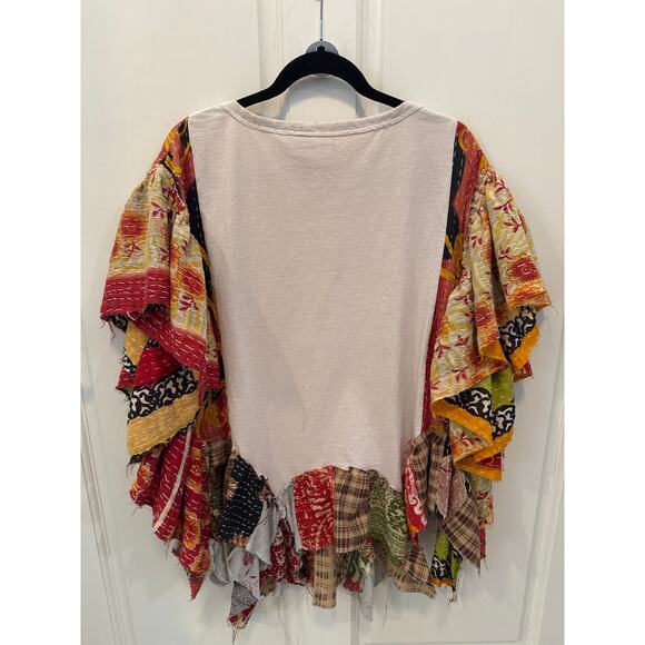 Upcycled Def Deppard Graphic T Bohemian Tunic vibe Kantha Fabric Ruffles Size OS - Picture 7 of 9